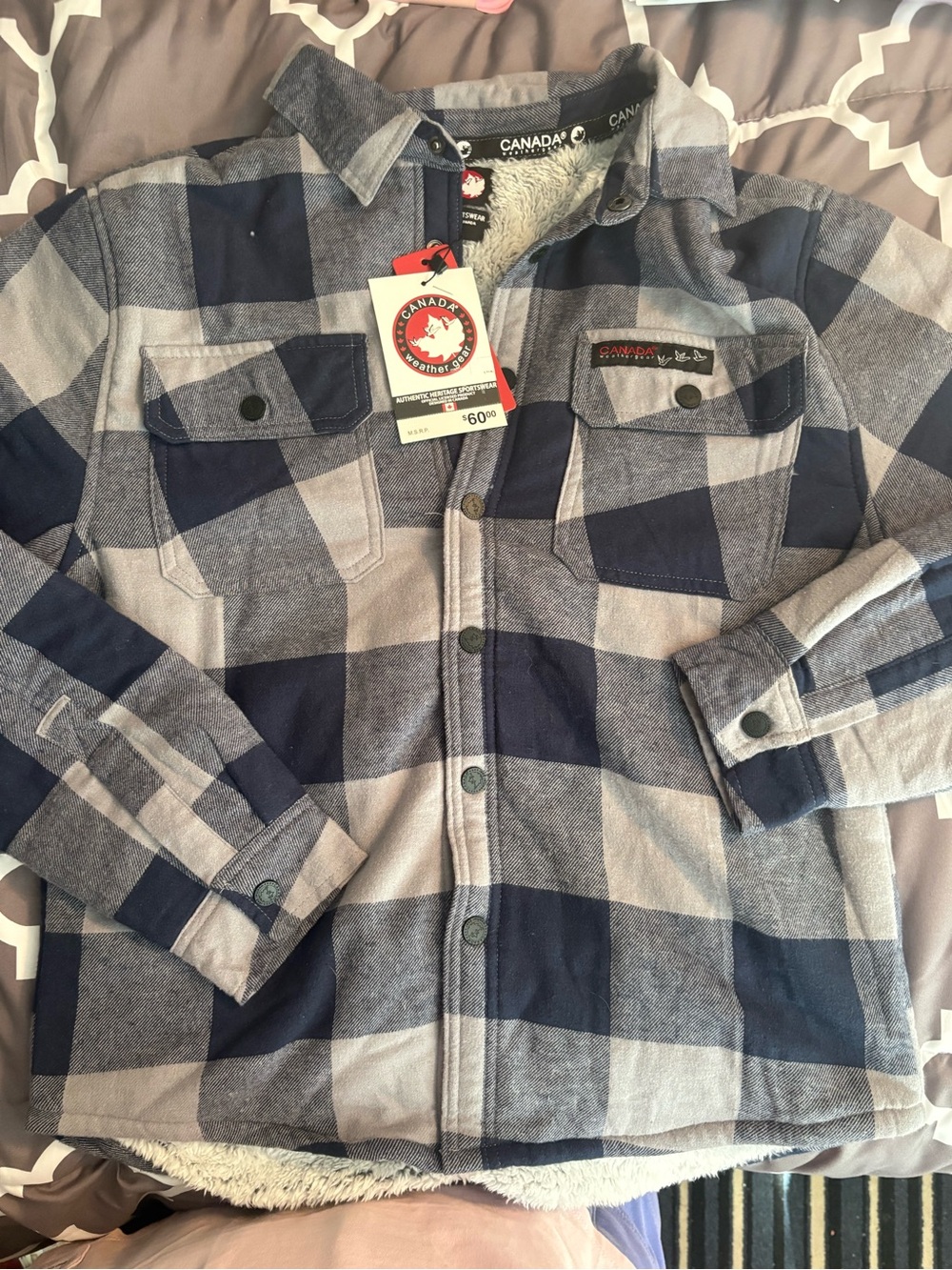 Canada Weather Gear Men’s Navy and Gray Plaid Sherpa-Lined Shirt Jacket